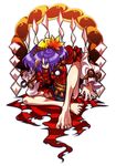  barefoot feet hair_ornament highres ichi_(ichikai) leaf_hair_ornament purple_hair smile solo touhou yasaka_kanako yellow_eyes 