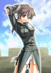  arms_up blue_sky breasts brown_eyes brown_hair cloud contrapposto cowboy_shot day gertrud_barkhorn long_sleeves looking_at_viewer medium_breasts military military_uniform sky solo standing stretch strike_witches umekichi uniform world_witches_series 