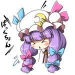  &gt;_&lt; bangs blunt_bangs bow chibi closed_eyes crescent hair_ribbon hat long_hair lowres patchouli_knowledge pink_bow purple_hair ribbon simple_background sneezing solo tajima_yuuki touhou translated triangle_mouth 
