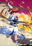  bow fingerless_gloves fire fujitama_(lose_dog) gloves lyrical_nanoha magazine_(weapon) magical_girl mahou_shoujo_lyrical_nanoha mahou_shoujo_lyrical_nanoha_a's purple_eyes raising_heart red_bow red_hair smoke solo staff takamachi_nanoha twintails white_devil 