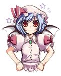  amanooni_touri bad_id bad_pixiv_id bat_wings blue_hair fang hands_on_hips red_eyes remilia_scarlet ribbon solo touhou wings 