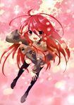  alastor_(shakugan_no_shana) black_legwear highres itou_noiji jewelry long_hair non-web_source pendant petals pink pink_background red_eyes red_hair school_uniform shakugan_no_shana shana thighhighs third-party_edit 