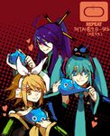  2girls aqua_hair black_rock_shooter dragon_quest hatsune_miku heart kagamine_rin kamui_gakupo multiple_girls slime slime_(dragon_quest) starshadowmagician twintails vocaloid 