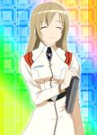  bad_id bad_pixiv_id brown_hair closed_eyes computer cosplay minami-ke minami_haruka neon_genesis_evangelion peaceman smile solo uniform 