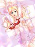  akebi_(kakuri) arms_up blonde_hair blue_eyes long_hair lying macross macross_frontier necktie no_bra on_back open_clothes open_shirt sheryl_nome shirt solo 