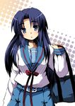  asakura_ryouko blue_eyes blue_hair blue_skirt inui_nagi kita_high_school_uniform long_hair school_uniform serafuku skirt solo suzumiya_haruhi_no_yuuutsu 