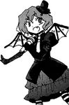  aki_eda alternate_costume bat_wings dress elbow_gloves fang gloves greyscale hat lowres monochrome remilia_scarlet short_hair solo striped striped_legwear thighhighs touhou transparent_background vampire wings 