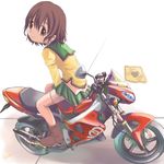  brown_hair ground_vehicle hiyoko_touna motor_vehicle motorcycle original school_uniform short_hair sitting solo thighhighs zettai_ryouiki 