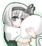  black_hairband blue_eyes blush ghost hairband hitodama hug konpaku_youmu konpaku_youmu_(ghost) non-web_source ribbon short_hair silver_hair solo touhou 