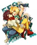  1girl ahoge arm_up armpits bad_id bad_pixiv_id blonde_hair bodysuit boots brown_eyes brown_hair character_name copyright_name covering_mouth final_fantasy final_fantasy_ix garnet_til_alexandros_xvii gloves green_eyes hand_on_back isago_(ica) neck_ribbon open_mouth puffy_sleeves ribbon short_hair sleeveless tail text_focus thigh_strap vest wrist_cuffs zidane_tribal 