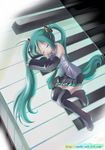  aqua_hair detached_sleeves hatsune_miku hiyoko_touna instrument long_hair minigirl necktie piano skirt sleeping solo thighhighs twintails vocaloid zettai_ryouiki 