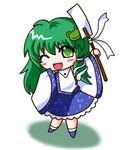  chibi detached_sleeves ferre frog gohei green_eyes green_hair kochiya_sanae one_eye_closed snake solo touhou 