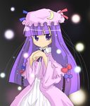  artist_request bow braid crescent hat long_hair patchouli_knowledge pink_bow purple_eyes purple_hair solo touhou 
