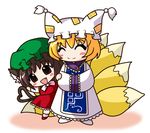  animal_ears blonde_hair brown_eyes brown_hair cat_ears cat_tail chen chibi fang ferre fox_tail hands_in_opposite_sleeves happy hat heart heart_tail long_sleeves multiple_girls multiple_tails pillow_hat shoes short_hair socks tail tassel touhou white_background wide_sleeves yakumo_ran 
