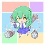  bad_id bad_pixiv_id chibi frog green_hair kochiya_sanae lowres rasa_(kanrokuan) snake solo touhou yellow_eyes 