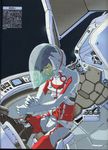  bodysuit clenched_hand cockpit for_the_barrel gloves gundam hayato_kobayashi helmet highres indoors koyama_shigeto male_focus newtype scan seat sitting solo space_craft white_gloves 