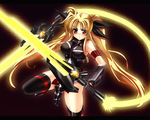  angry bardiche belt blonde_hair blush breasts dual_wielding energy_sword fate_testarossa gauntlets gloves hair_ribbon holding iga_tamaki jpeg_artifacts large_breasts long_hair lyrical_nanoha mahou_shoujo_lyrical_nanoha_strikers red_eyes ribbon solo sword thighhighs twintails weapon 