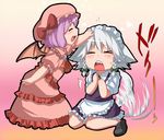  &gt;_&lt; animal_ears bad_id bad_pixiv_id blush braid chibi closed_eyes dog_ears dog_tail hairband inu_sakuya inuzuka_bouru izayoi_sakuya kemonomimi_mode multiple_girls petting purple_hair remilia_scarlet ribbon silver_hair sitting tail tail_wagging touhou translated twin_braids 