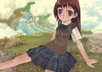  bad_id bad_pixiv_id blue_eyes brown_hair cityscape cloud copyright_request grass highres hill okayu_(crosspoint) river scenery school_uniform sitting solo 