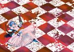  arms_behind_head arms_up barefoot bat_wings blood blue_hair character_doll checkered checkered_floor doll dress feet floor hat hat_ribbon itaya_tatsumi izayoi_sakuya lying on_back patchouli_knowledge red_eyes remilia_scarlet ribbon skirt solo touhou upskirt wings 