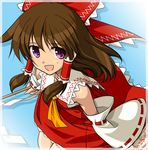  bow brown_hair detached_sleeves gohei hair_bow hakurei_reimu long_hair ofuda purple_eyes ribbon shimamura_miwa short_hair solo touhou 