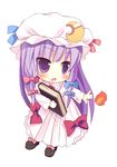  bow braid chibi crescent full_body hat long_hair meito_(maze) patchouli_knowledge pink_bow purple_eyes purple_hair solo touhou 