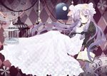  alternate_costume birdcage book brooch cage checkered crescent dress earrings full_moon gown hat jewelry long_dress long_hair moon night omiso_(omiso) patchouli_knowledge purple_eyes purple_hair solo touhou window 