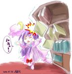  2006 accident artist_request book bookshelf chibi crescent falling hair_ribbon hat mukyuu patchouli_knowledge purple_hair ribbon solo touhou triangle_mouth 
