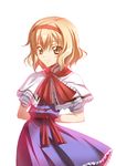  :3 alice_margatroid alternate_eye_color anime_coloring arms_behind_back blonde_hair blue_dress capelet dress green_eyes hairband ishigami_kazui ribbon short_hair short_sleeves solo touhou white_background white_capelet 