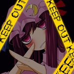  @_@ blush caution_tape dark hat keep_out konohana_saku long_hair patchouli_knowledge purple_eyes purple_hair solo touhou 