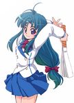  blue_eyes blue_hair chidori_kaname fan full_metal_panic! green_hair harisen jindai_high_school_uniform long_hair low-tied_long_hair school_uniform solo tessai 