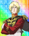  bad_id bad_pixiv_id blue_eyes cape char_aznable crossed_arms gundam male_focus mobile_suit_gundam peaceman rainbow_background solo uniform 