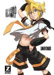  blonde_hair blue_eyes detached_sleeves headphones ippo kagamine_len male_focus midriff necktie shorts smile solo vocaloid yellow_neckwear 