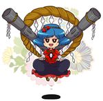  blue_hair cannon floating gun hair_ornament kty_(04) leaf_hair_ornament levitation mirror onbashira rope sandals shide shimenawa short_hair solo touhou weapon yasaka_kanako 