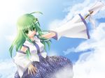  detached_sleeves frog green_eyes green_hair higashimura kochiya_sanae long_hair snake solo touhou 