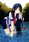  absurdres blue_hair hair_tousle hata_seika highres hitoyume kurashima_tomoyasu long_hair red_eyes school_uniform solo turtle very_long_hair wading water wet 