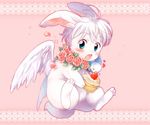  bird blue_eyes bunny cupcake flower flower_necklace food fruit furry jewelry male_focus necklace no_humans ogawa_hidari original parrot rose solo strawberry wings 