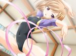  brown_hair covered_nipples dutch_angle flat_chest game_cg gym gymnast_leotard gymnastics highleg highleg_leotard joshiryou_joku_~ryouke_bijin_shimai_odorigui~ jumping kiyoshima_yumi leotard lugosi_ela navel non-web_source purple_eyes rhythmic_gymnastics ribbon ribbon_baton short_hair smile solo split 