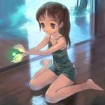  bad_id bad_pixiv_id bare_shoulders barefoot brown_eyes brown_hair camisole dress feet flat_chest floor fog glowing hair_bobbles hair_ornament hands indoors kneeling leaf light okayu_(crosspoint) original shorts side_ponytail solo tree wooden_floor 