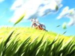  bad_id bad_pixiv_id cloud day eien_no_sai_tori fujiwara_no_mokou grass happy kamishirasawa_keine multiple_girls ribbon scenery silver_hair sky suspenders touhou 