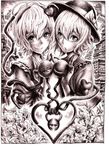  absurdres flower heart highres komeiji_koishi komeiji_satori lily_(flower) monochrome multiple_girls nobita purple siblings sisters touhou 