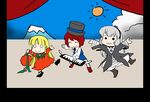  :3 azuki_osamitsu blonde_hair bonnet brown_hair chibi hat instrument keyboard_(instrument) long_hair multiple_girls parody rozen_maiden shinku silver_hair souseiseki suigintou synthesizer 