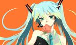  aqua_hair bad_id bad_pixiv_id bare_shoulders collarbone flower hatsune_miku headset holding holding_flower long_hair nako_(nonrain) orange_background simple_background smelling_flower solo twintails vocaloid 
