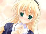  blonde_hair blush close-up cosplay game_cg green_eyes hairband long_hair mikeou miraroma non-web_source priest seihouin_erika solo 