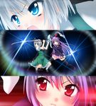  animal_ears black_legwear blue_eyes blush bobby_socks bunny_ears full_body glint holding holding_sword holding_weapon katana konpaku_youmu loafers long_hair mary_janes miniskirt multiple_girls pink_skirt pleated_skirt purple_hair red_eyes reisen_udongein_inaba saki_chisuzu shoes short_hair silver_hair skirt socks sword thighhighs touhou weapon white_legwear zettai_ryouiki 