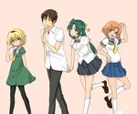  3girls bad_id bad_pixiv_id blonde_hair blue_eyes bow bowtie brown_hair derivative_work dress green_eyes green_hair hair_ribbon hairband higurashi_no_naku_koro_ni houjou_satoko kneehighs long_hair maebara_keiichi multiple_girls orange_hair pantyhose parody red_eyes ribbon ryuuguu_rena sailor_dress school_uniform serafuku short_hair skirt socks sonozaki_shion toradora! yuzuha_(artist) 