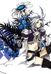  androgynous blue_eyes dissidia_final_fantasy feathers final_fantasy final_fantasy_ix flower kuja male_focus midriff navel silver_hair solo starshadowmagician thighhighs 