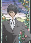  artist_request bird black_hair dark_skin dark_skinned_male formal green_eyes hakushaku_to_yousei male_focus raven_(earl_and_fairy) solo stained_glass suit victorian 