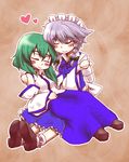  blush braid chibi detached_sleeves green_hair hairband heart hug izayoi_sakuya kochiya_sanae maid multiple_girls non-web_source silver_hair touhou 