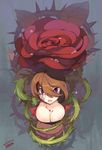  bdsm blood bondage bound breasts brown_hair bust_cup cleavage flower highres hitobashira_alice_(vocaloid) large_breasts meiko plant purple_eyes rose short_hair solo taruk thorns vines vocaloid zipper 